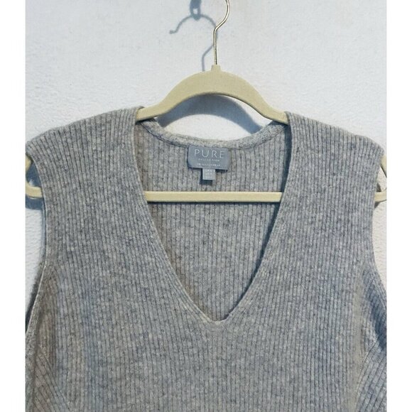 Pure Collection Sweater Vest Womens Large Gray Ribbed Cashmere Hi Low Hem V Neck - Picture 2 of 8